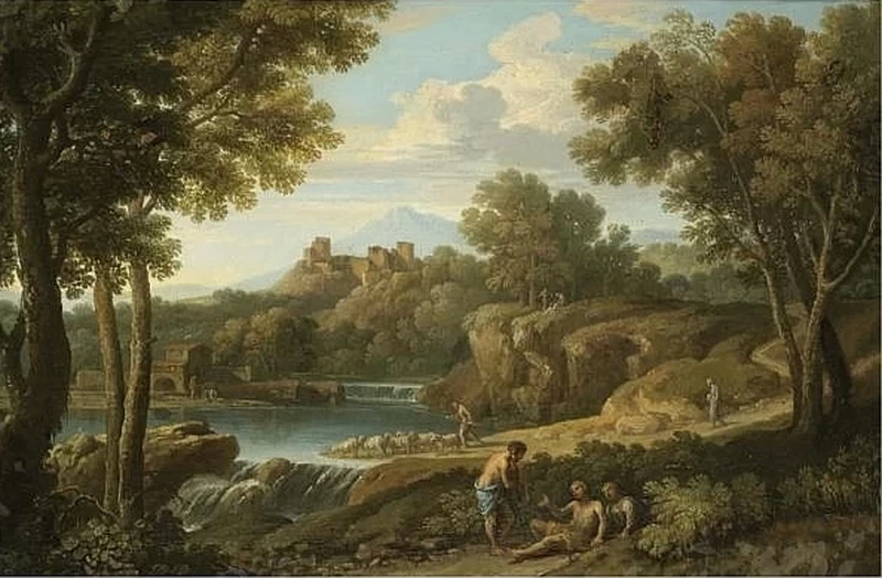 Un paesaggio classico con figure e un pastore